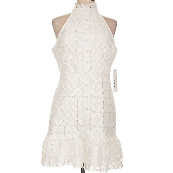 DESIGNER AQUA WHITE LACE HALTER NECKLINE RUFFLE HEM SLEEVELESS DRESS SIZE LARGE - Picture 15 of 16